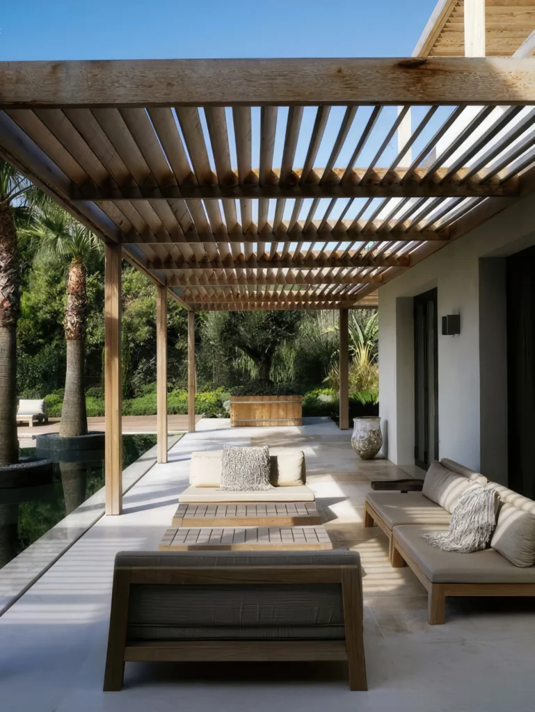 Beautiful custom pergola made of natural wood providing shade to a modern outdoor patio with comfortable seating, surrounded by lush greenery and a serene pool, showcasing stylish pergola design for outdoor living spaces.