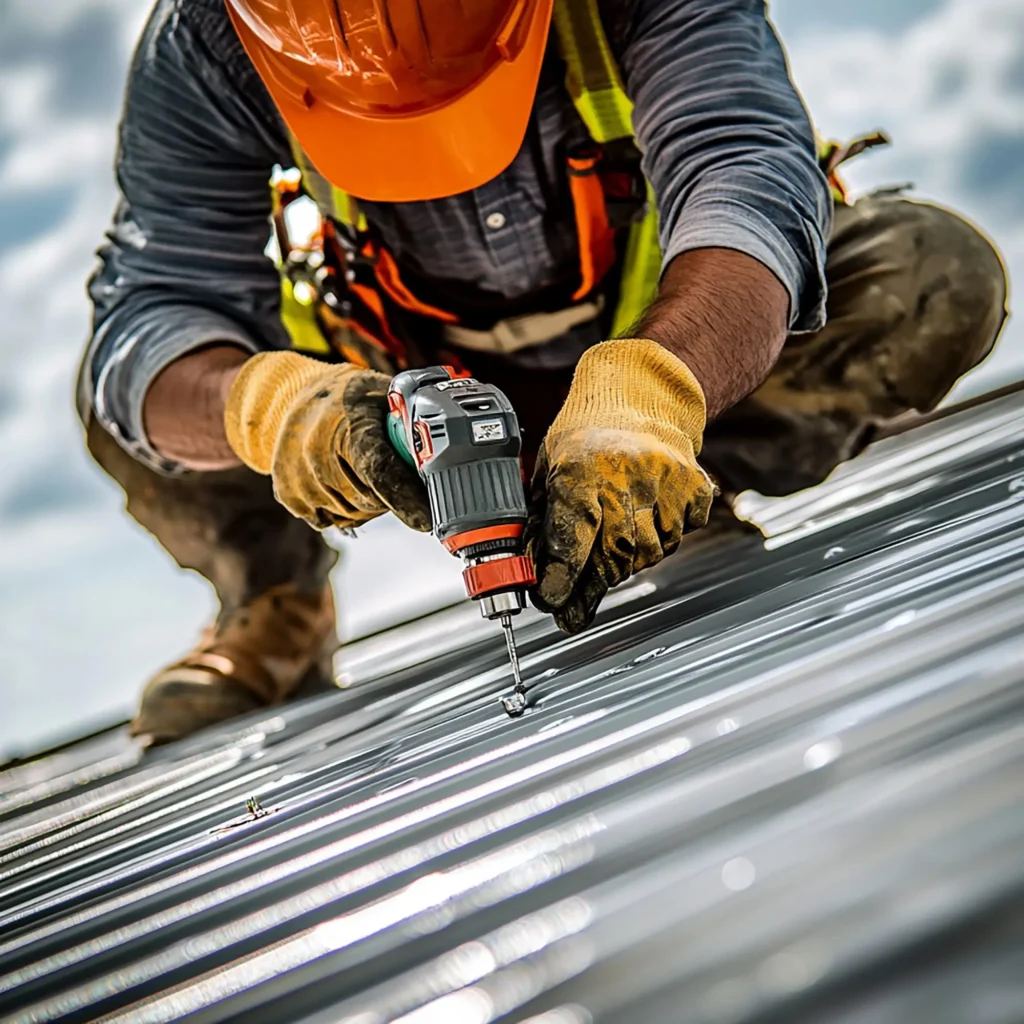 Close-up of a professional roofer wearing an orange hard hat and gloves, using a power drill to secure screws on a metal roof. Roofing services by Hernandez Morrice Services Inc.